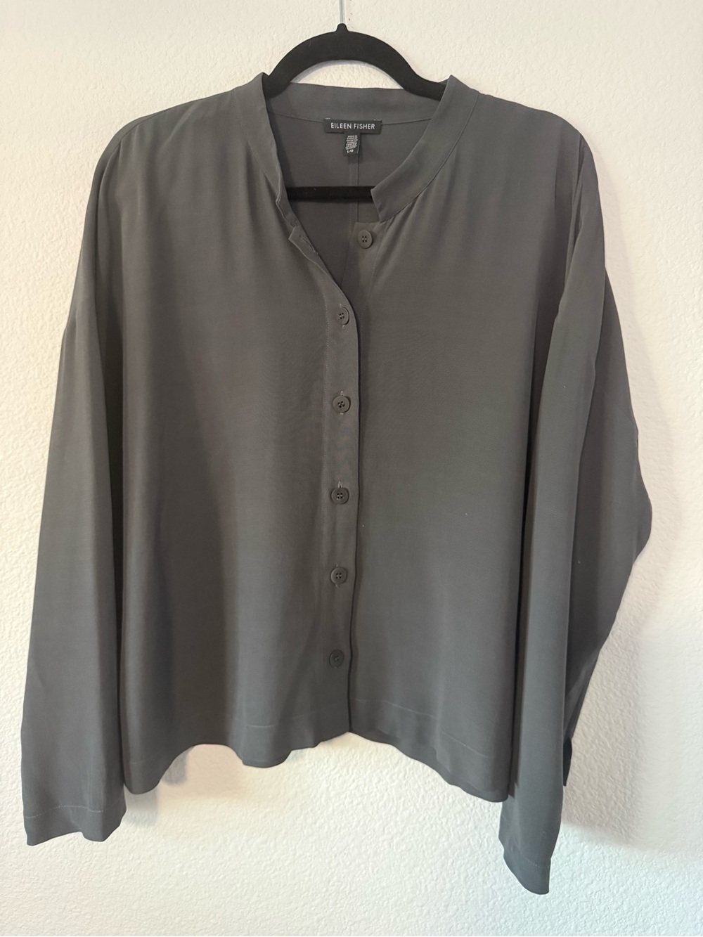 Eileen Fisher Charcoal Button-Front Collarless Blouse Crop Top
